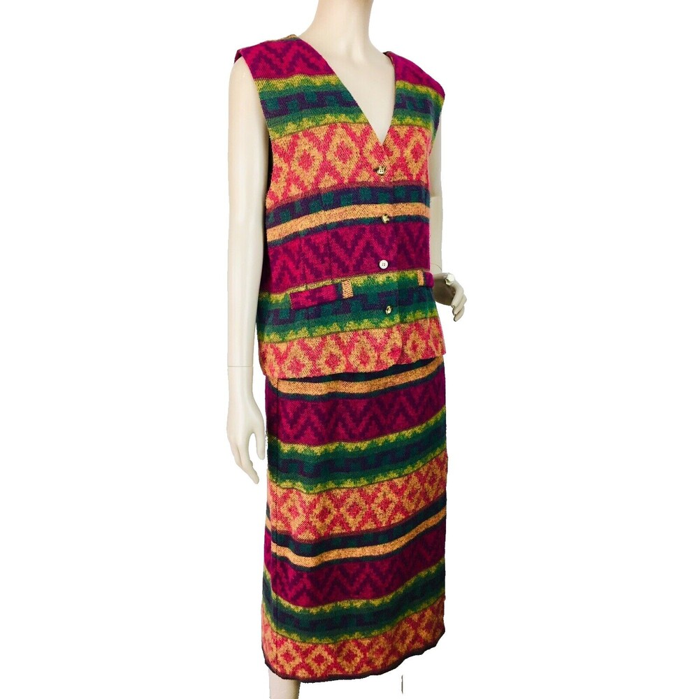 Vintage 70s Southwestern Boho Tribal Cowgirl Wool Wrap Skirt & Vest Set